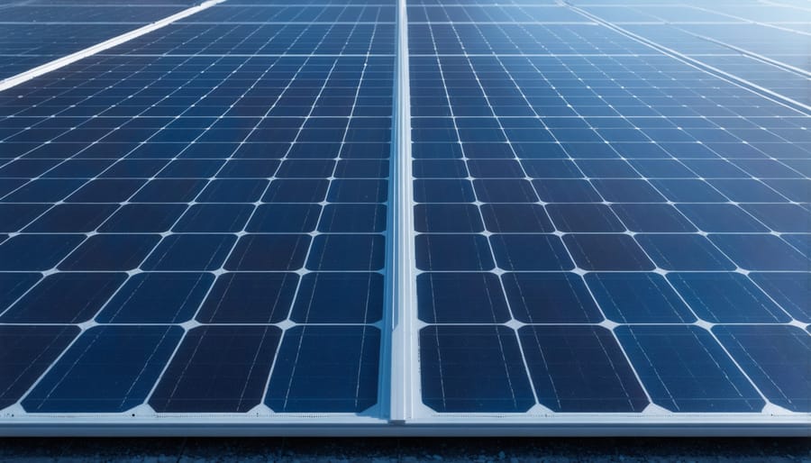 Workers inspecting solar panels in American manufacturing facility
