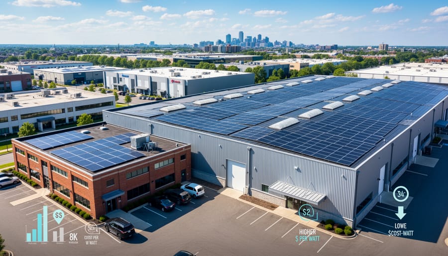 Aerial view of commercial building with large-scale rooftop solar panel installation