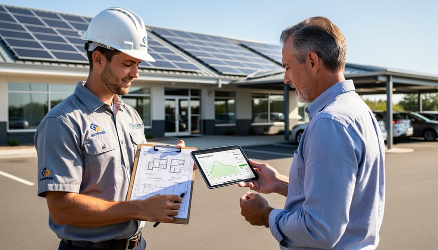 Business owner consulting with solar installation professional at commercial property