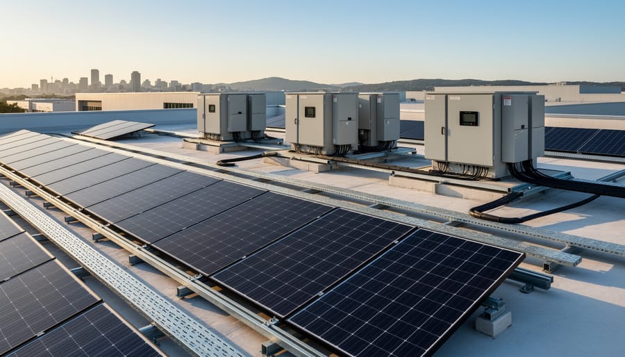 Commercial rooftop solar panel installation showing panels, inverters, and electrical equipment