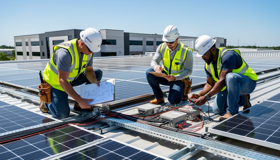 Licensed electrician installing commercial solar equipment on building rooftop