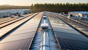 Warehouse rooftop in North Carolina with rows of commercial solar panels, string inverters, and metal conduit in warm side light, with an industrial park and pine trees softly blurred in the background.
