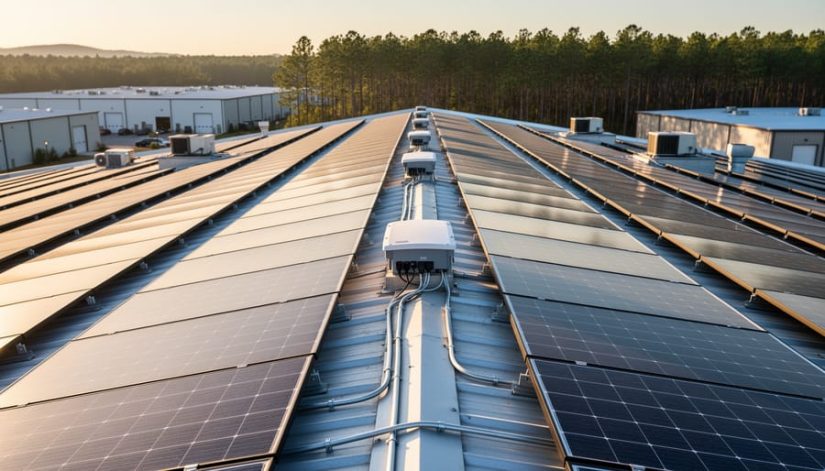 Warehouse rooftop in North Carolina with rows of commercial solar panels, string inverters, and metal conduit in warm side light, with an industrial park and pine trees softly blurred in the background.
