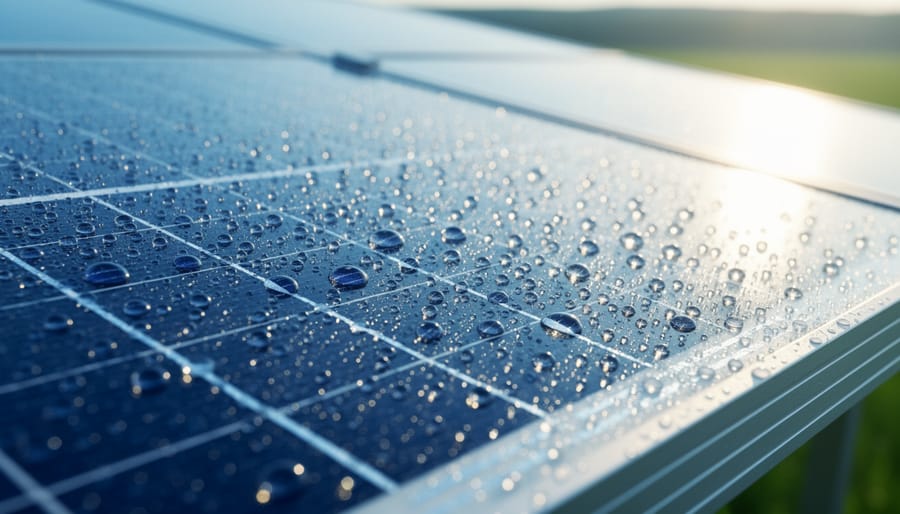 Close-up of a solar panel surface with dew droplets and light reflections.