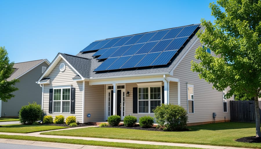 Sunlit solar panels installed on a residential rooftop.
