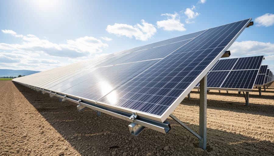 Bifacial solar panel array on a ground-mount commercial site in warm golden hour sunlight