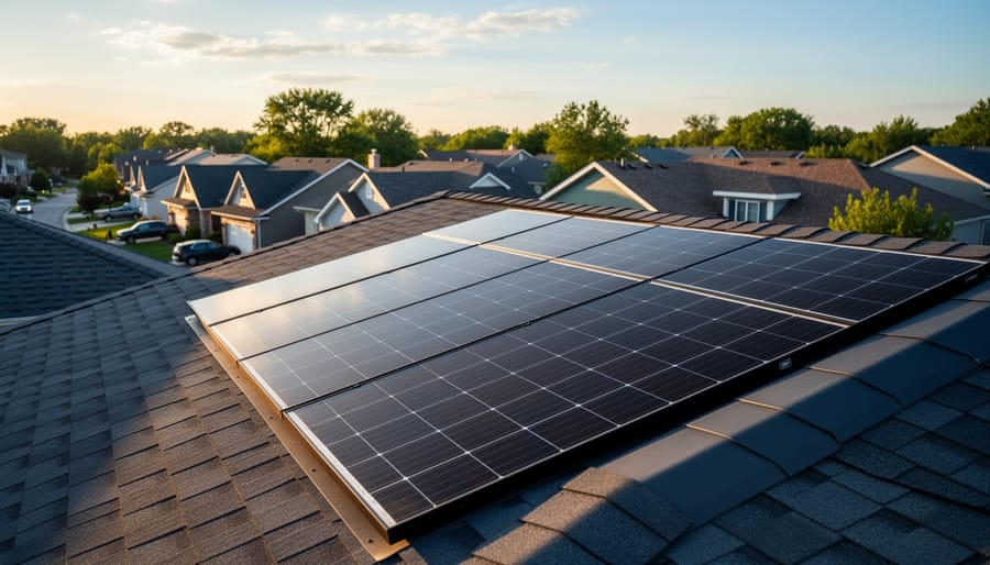 Black solar panels installed on a residential roof with mounting hardware visible under an overcast sky