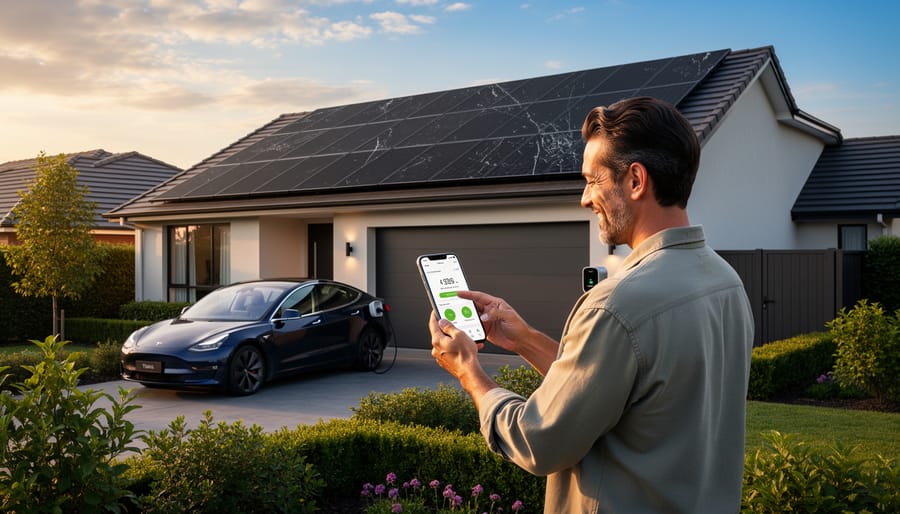 Homeowner near a window indoors with a blurred view of an outdoor solar array in the background