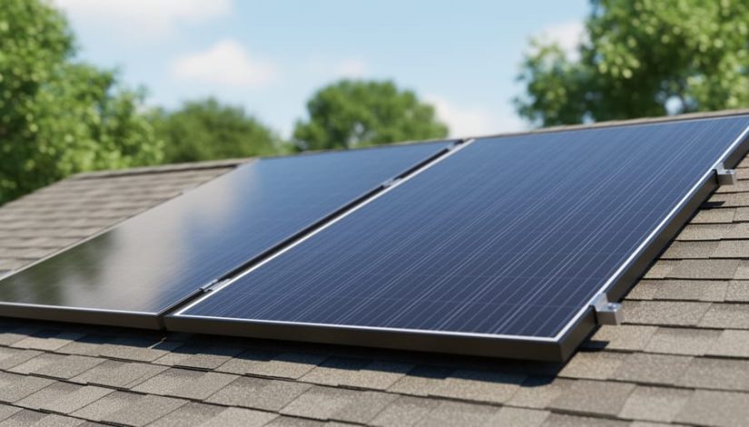 Modern solar panels installed on a North Carolina home rooftop in soft daylight, with reflective panel surfaces and blurred trees in the background.