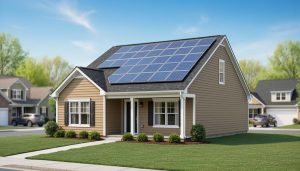 Suburban North Carolina home with roof-mounted solar panels under bright daylight, showing a typical residential solar installation.
