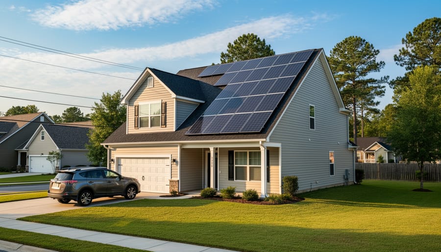 Suburban home exterior with roof-mounted solar panels and inverter equipment in warm golden hour light