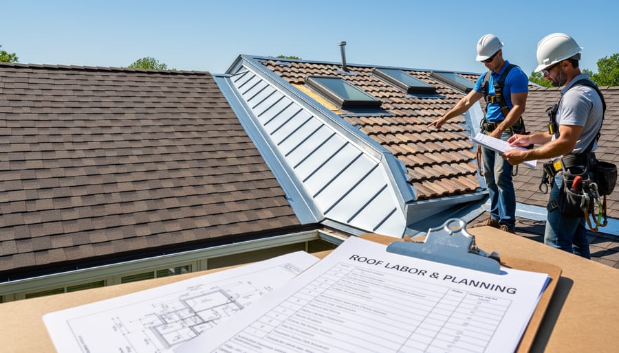 Residential roof with solar panel array and visible roof flashing and conduit details