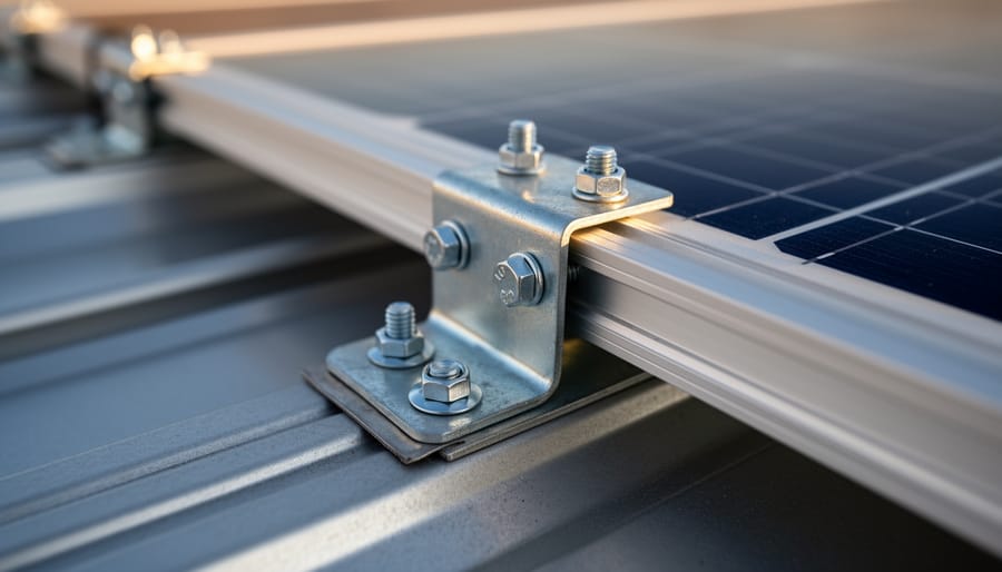 Installer’s hands tightening solar panel mounting hardware on a residential roof