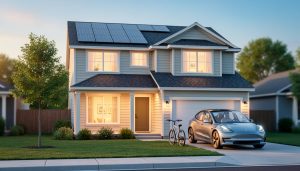 Sunrise view of a modern home with rooftop solar panels and an electric car parked in the driveway, with a bicycle nearby, suggesting lower-carbon choices.