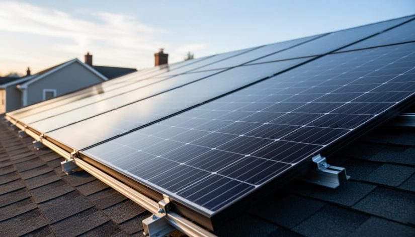 Rooftop solar panels angled toward the sun on a modern home under bright daylight, illustrating residential solar energy production.