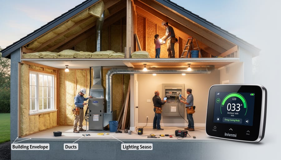 Person inspecting insulation in an attic with energy-efficient devices nearby