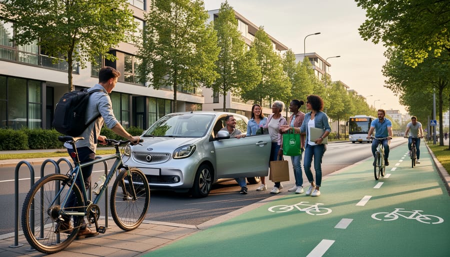 People preparing for a greener trip using carpool and reusable bags near a bicycle