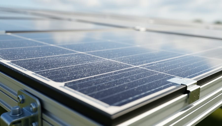 Close-up of solar panel cells showing the blue crystalline surface.