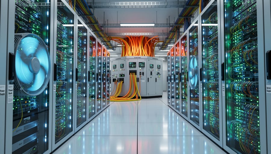 Server racks inside a data center with cool blue lighting and metallic surfaces