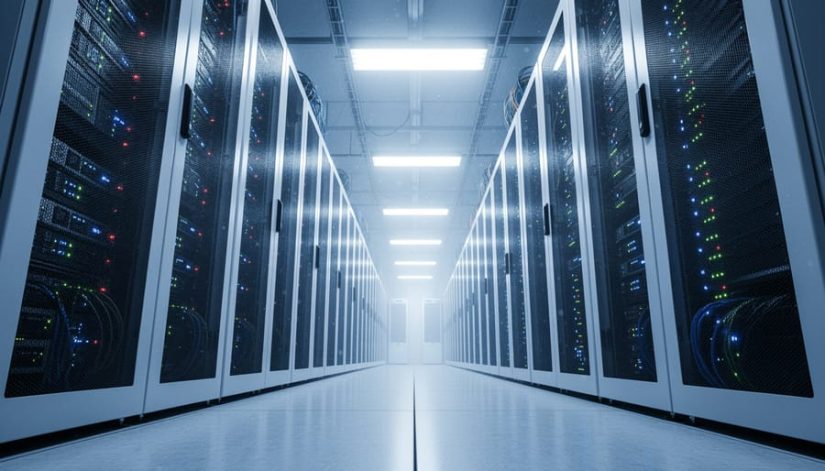 Blue-lit server racks in a modern data center, representing the electricity behind online streaming and online betting.