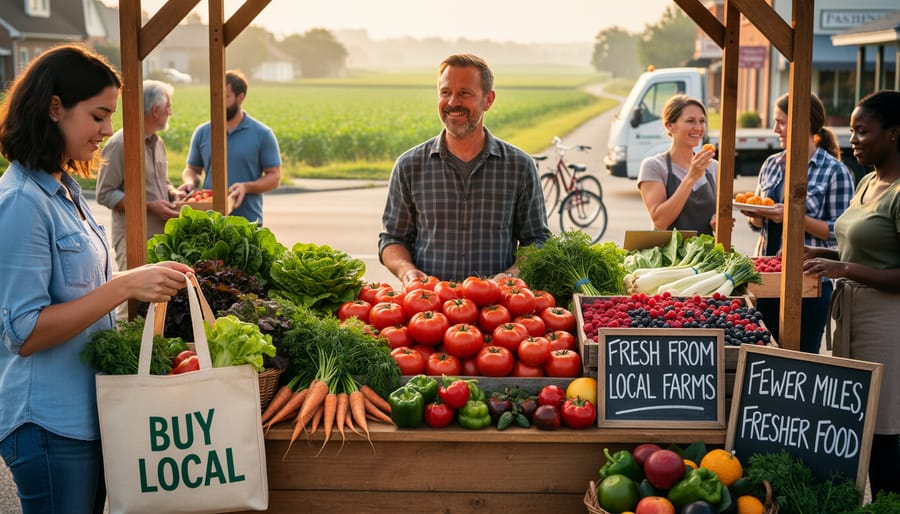 Customer receiving fresh produce in a reusable bag at a farmers market