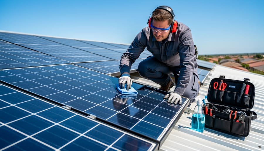 Hands cleaning solar panels during golden hour with rooftop panels in the background.