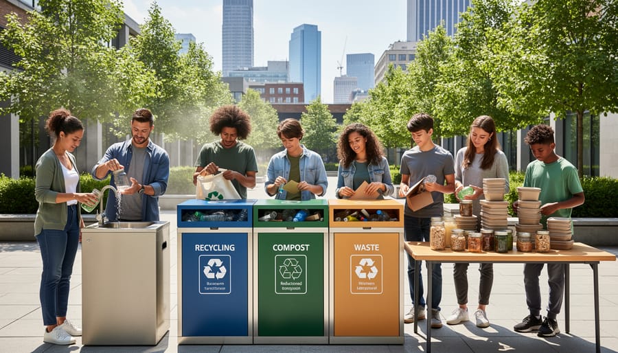 Kitchen compost pail and recycling bins with food scraps and reusable containers