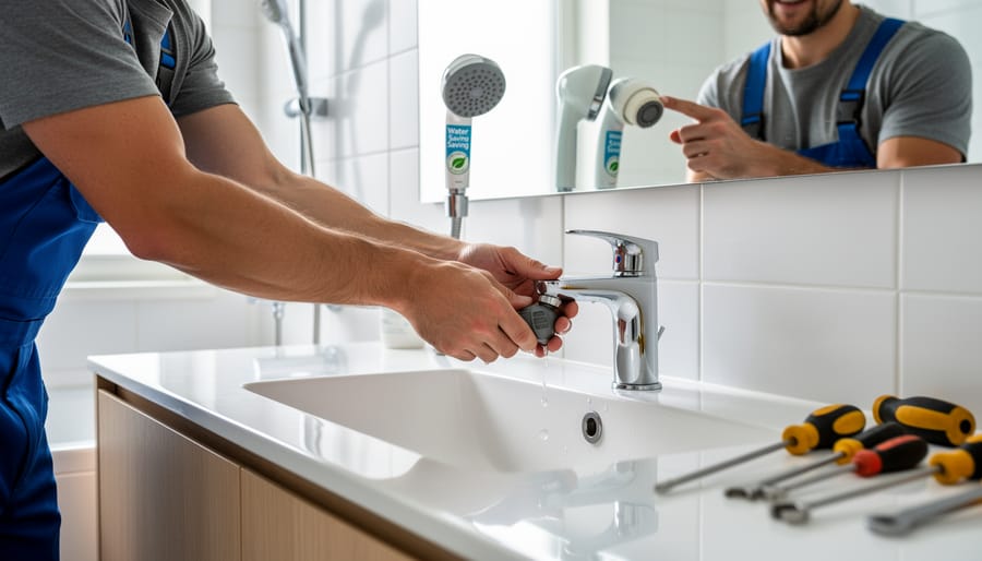 Close-up of hands repairing a leaking faucet in a home sink area