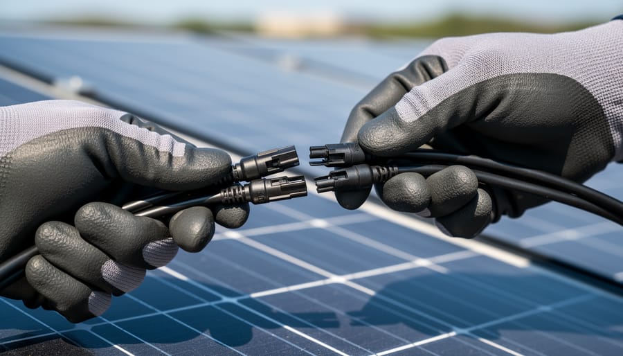 Gloved hands connecting MC4 solar connectors near an outdoor junction box.