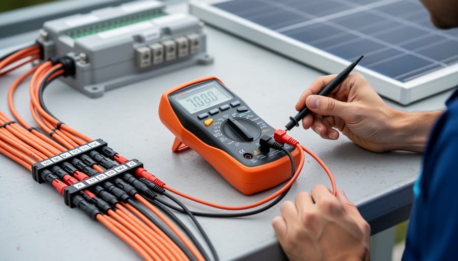 Outdoor multimeter testing solar cabling next to connected solar panels.