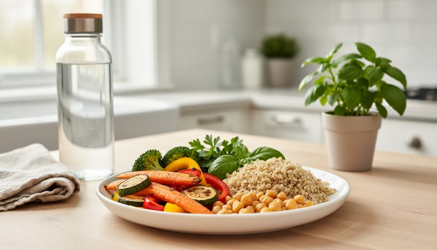 Plant-based lentil and vegetable meal on a dining table