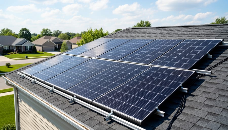 Solar panels installed on a residential rooftop in bright sunlight.