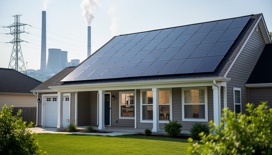 Solar panels installed on a home roof in a residential neighborhood
