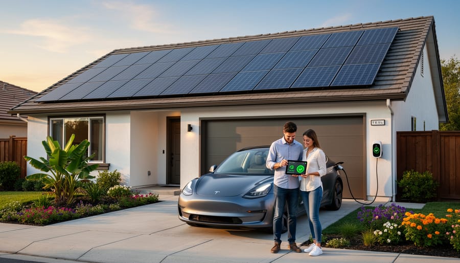 Solar panels installed on a residential home roof with sunlight reflecting off the panels