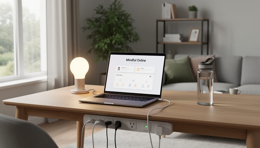 Person using a laptop at home in a tidy, well-lit workspace with an energy monitor in view