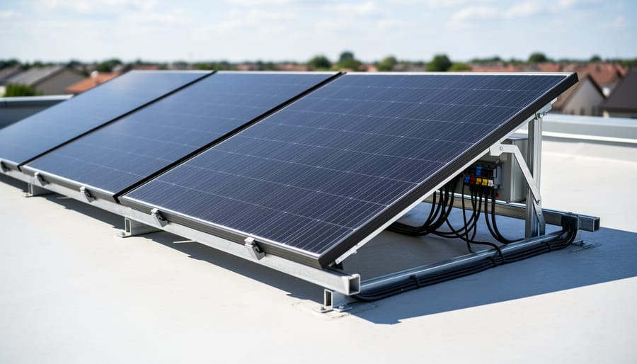 Two solar panels on a residential roof with neatly routed MC4 cable connectors near a junction area.