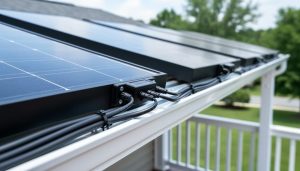 “Close-up of two connected solar panels showing the series wiring junction between the positive terminal of one panel and the negative terminal of the other.”