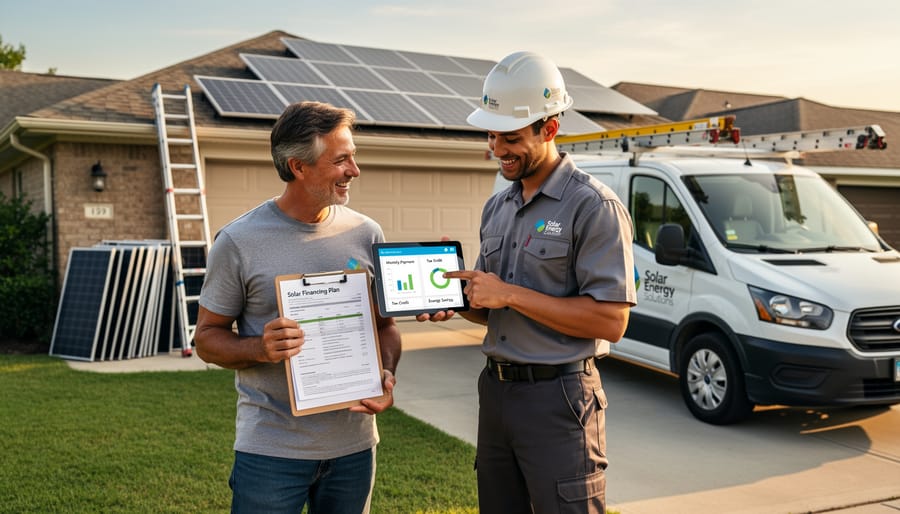 Homeowner and solar installer reviewing a tablet near residential solar equipment.