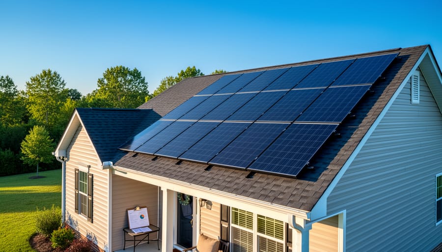 Rooftop solar panels on a suburban home in North Carolina during golden hour.
