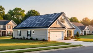 Rooftop solar panels on a North Carolina suburban home during golden hour sunlight.